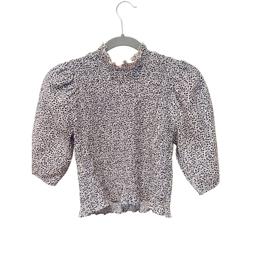 H&M Smocked Y2K Festival Puff Sleeve Blouse Navy Blue Leaf Print High Neck Top S